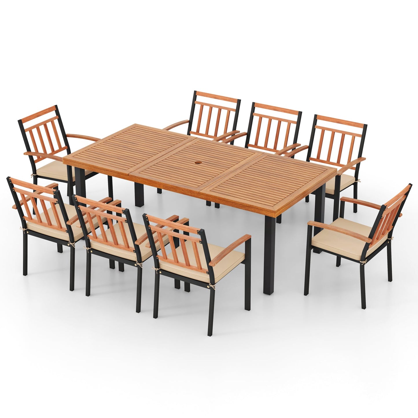 Juego de comedor para patio de 9 piezas con mesa de madera de acacia de 39.5 pulgadas con agujero para sombrilla y sillas de 24 pulgadas de ancho