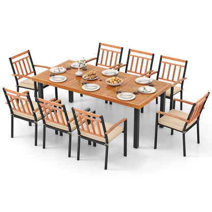 Juego de comedor para patio de 9 piezas con mesa de madera de acacia de 39.5 pulgadas con agujero para sombrilla y sillas de 24 pulgadas de ancho