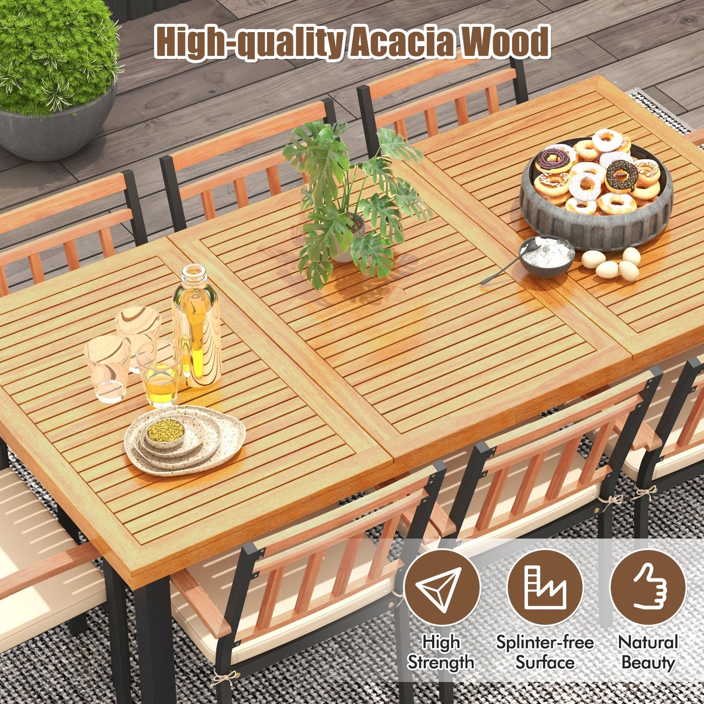 Juego de comedor para patio de 9 piezas con mesa de madera de acacia de 39.5 pulgadas con agujero para sombrilla y sillas de 24 pulgadas de ancho