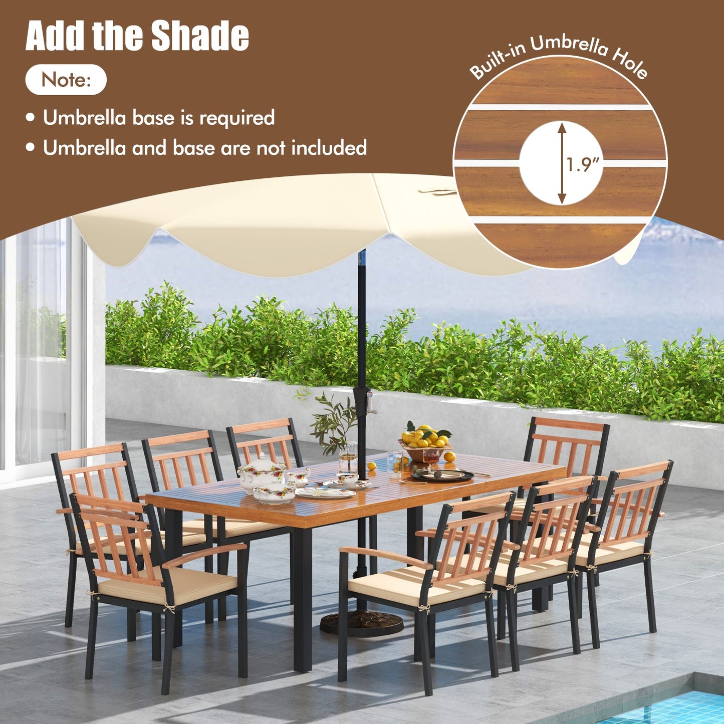 Juego de comedor para patio de 9 piezas con mesa de madera de acacia de 39.5 pulgadas con agujero para sombrilla y sillas de 24 pulgadas de ancho