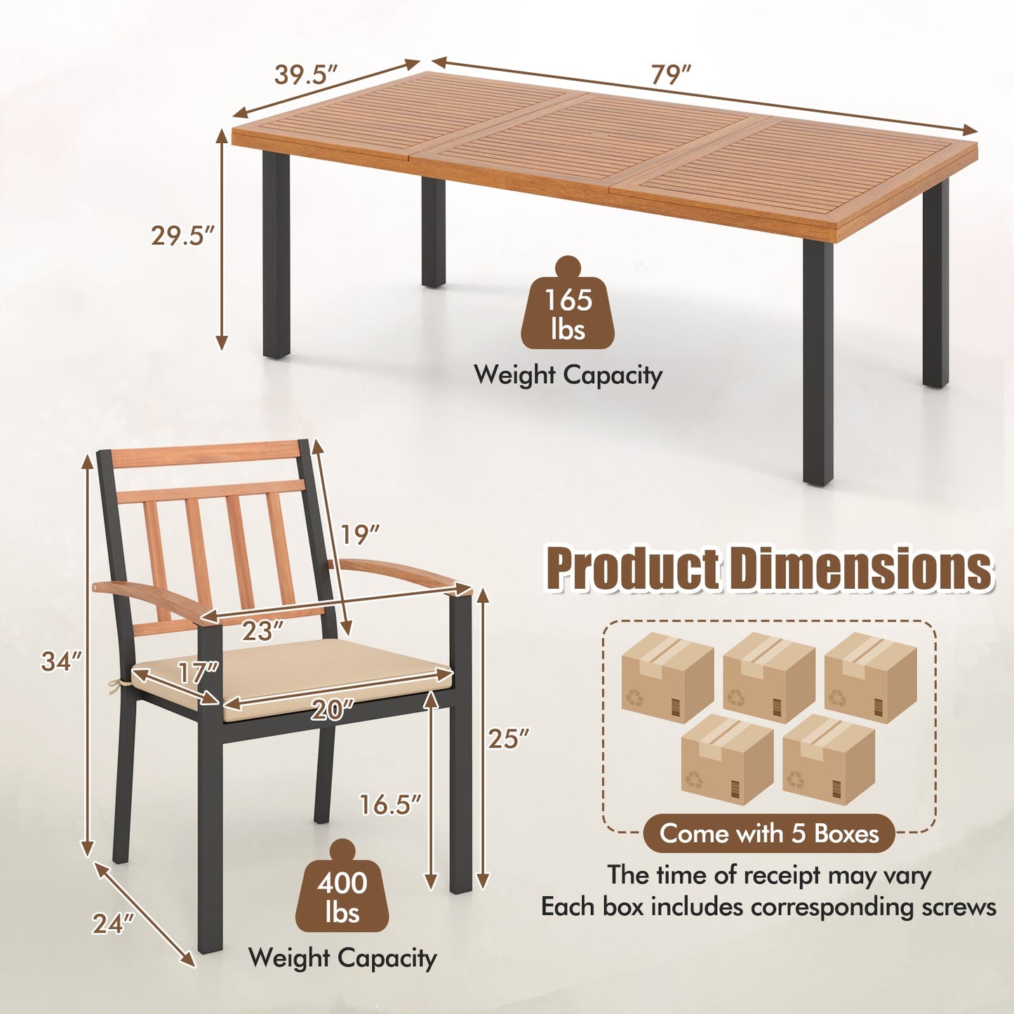 Juego de comedor para patio de 9 piezas con mesa de madera de acacia de 39.5 pulgadas con agujero para sombrilla y sillas de 24 pulgadas de ancho