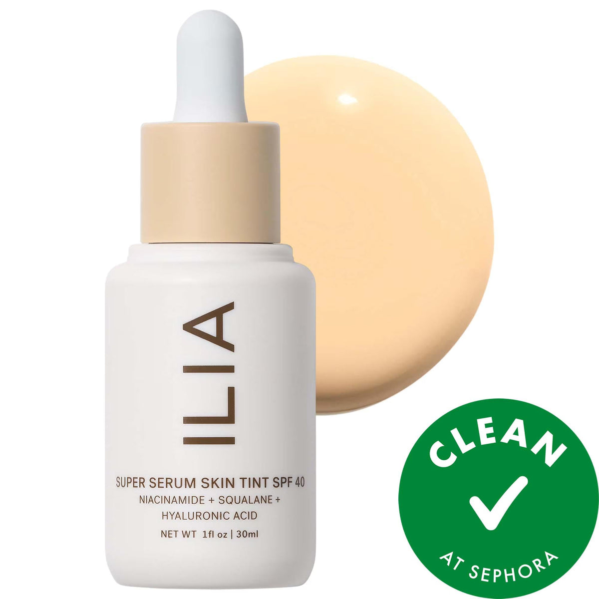 ILIA Super Serum Skin Tint SPF 40 bottle with beige cap and pale peach background circle on Tampa Home & Garden Store