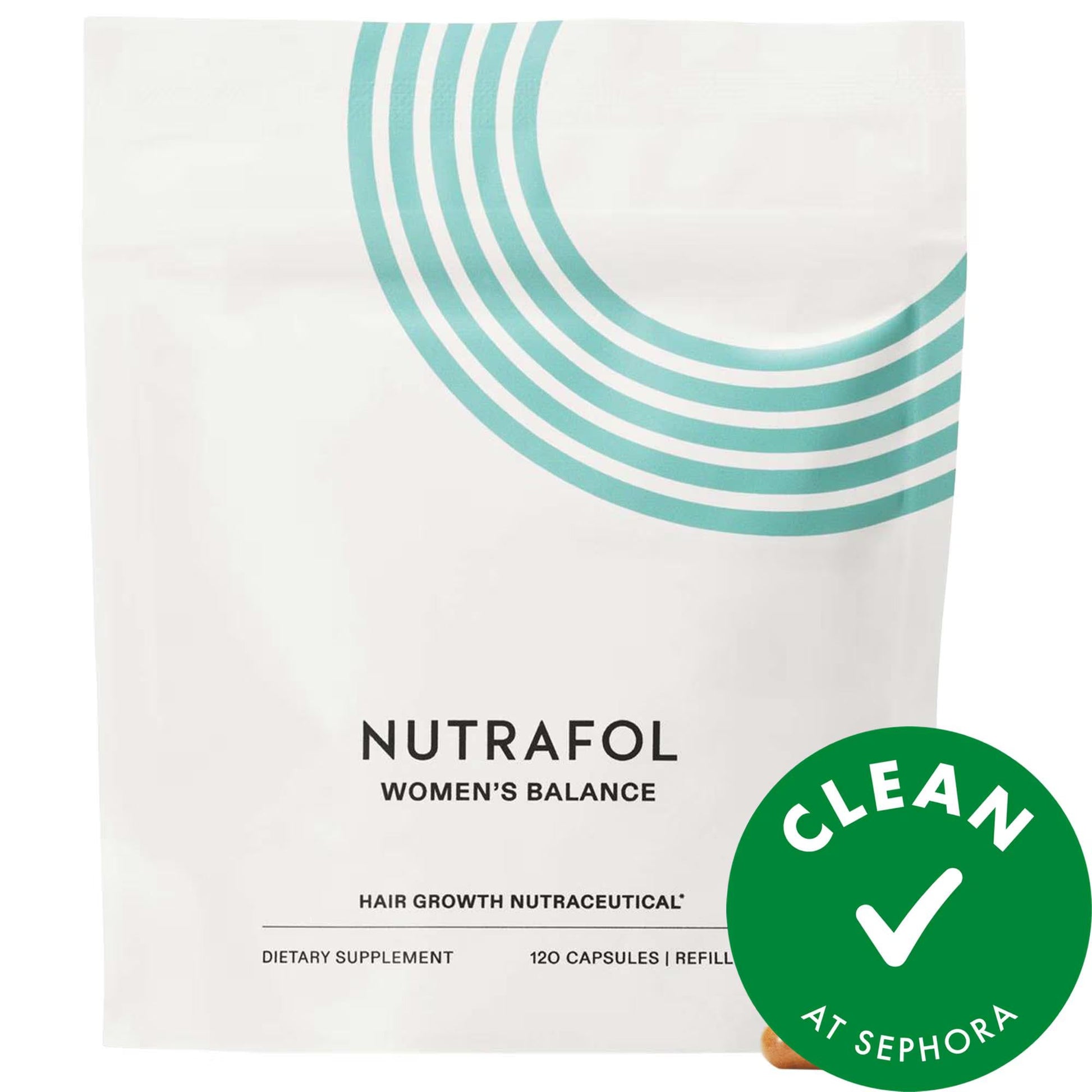 Nutrafol Balance 45+ women's hair growth supplement with teal stripes and vegan seal, 120 caps on Tampa Home & Garden Store