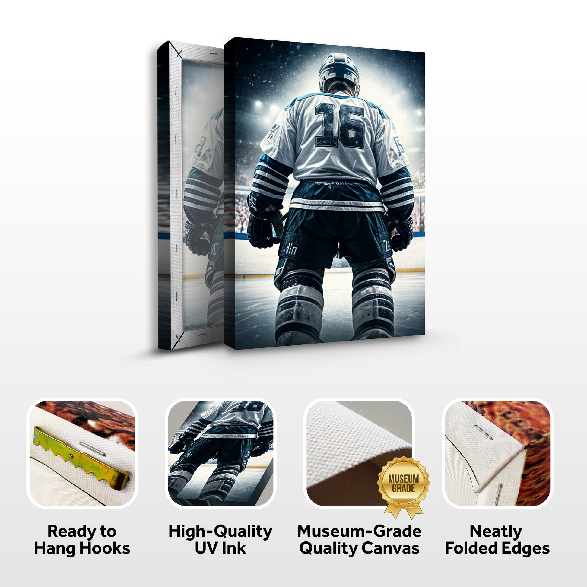 Victory Stance sport wall art canvas triptych hockey player in white blue Tailored Canvases on Tampa Home & Garden Store