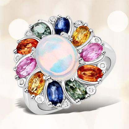 3.92ct Ethiopian opal ring with sapphires and diamonds around a central opal in silver on Tampa Home & Garden Store