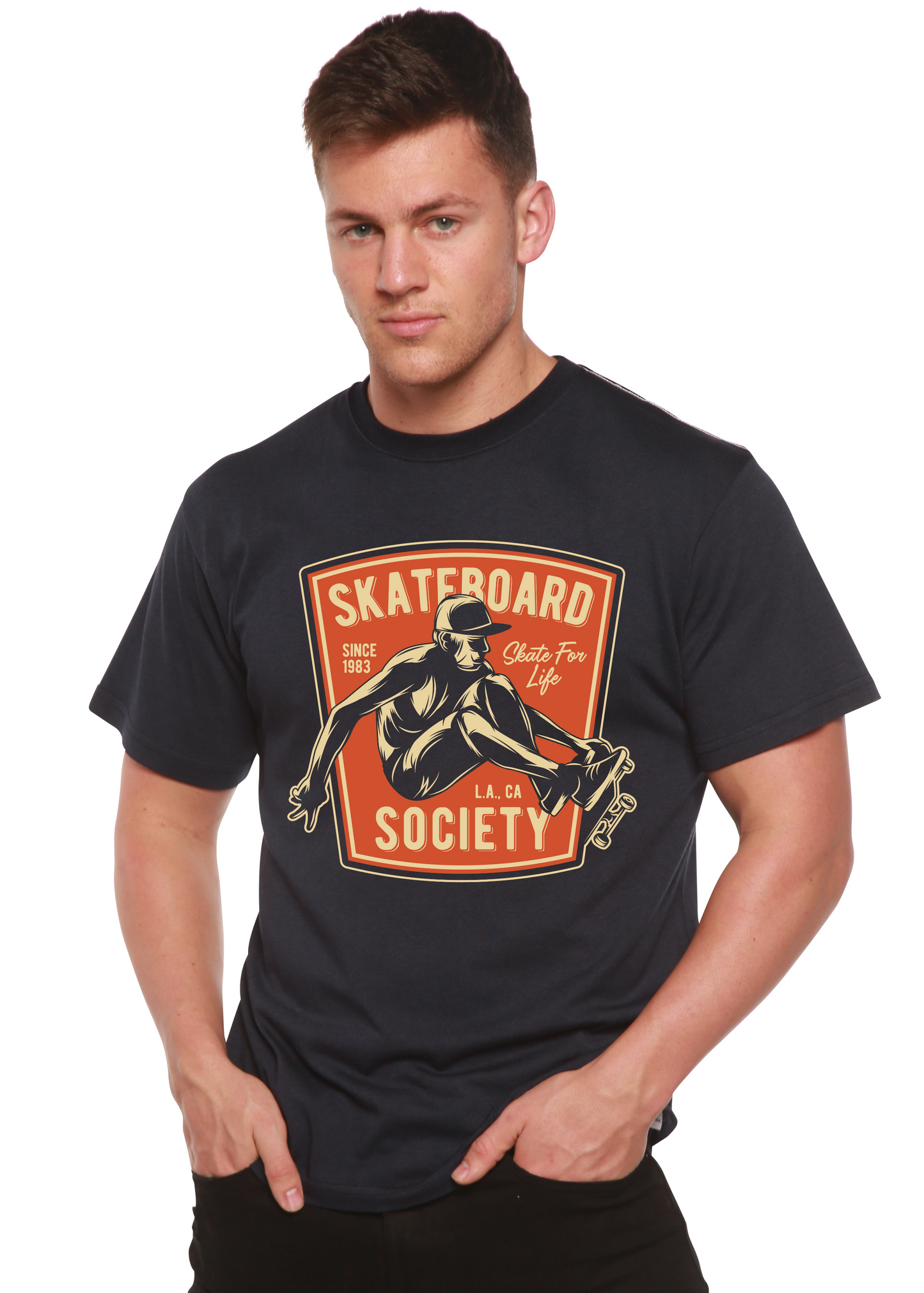 Skateboard Society men's short-sleeve graphic tee in navy by Spun Bamboo with orange print on Tampa Home & Garden Store