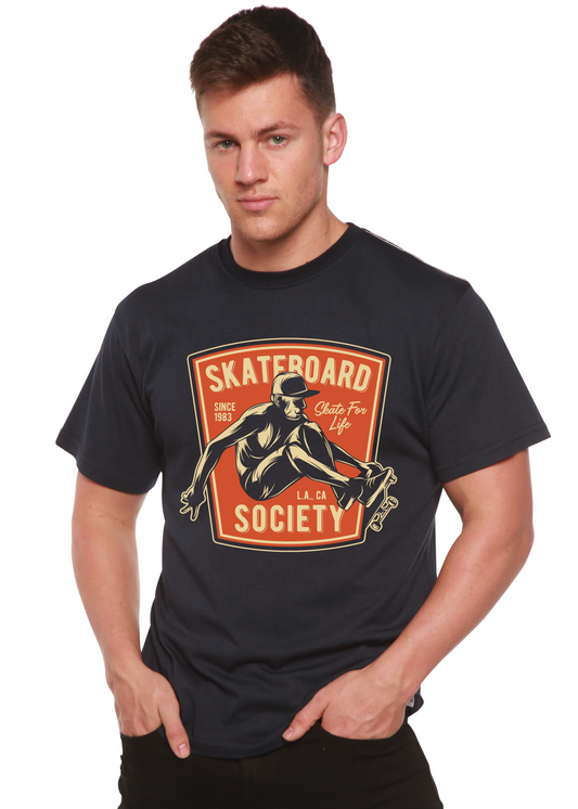 Skateboard Society men's short-sleeve graphic tee in navy by Spun Bamboo with orange print on Tampa Home & Garden Store