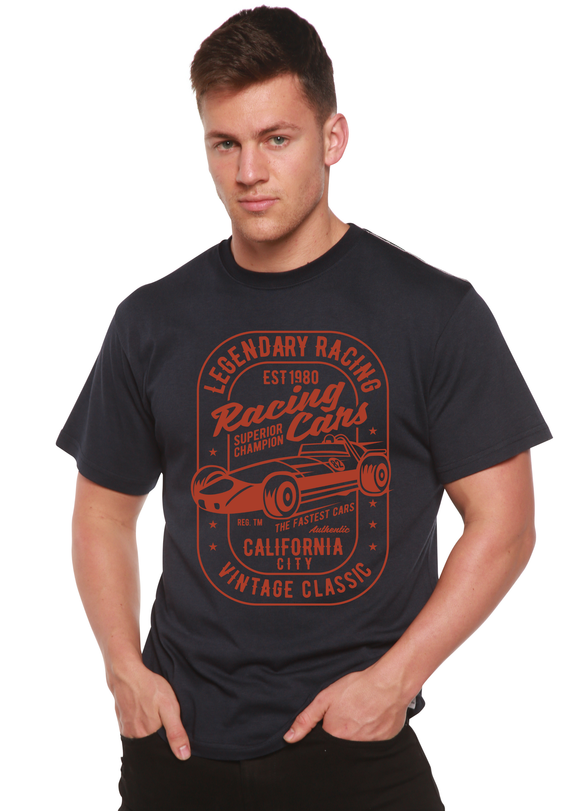 Legendary Racing Cars men's bamboo tee with red vintage car graphic on navy Spun Bamboo on Tampa Home & Garden Store