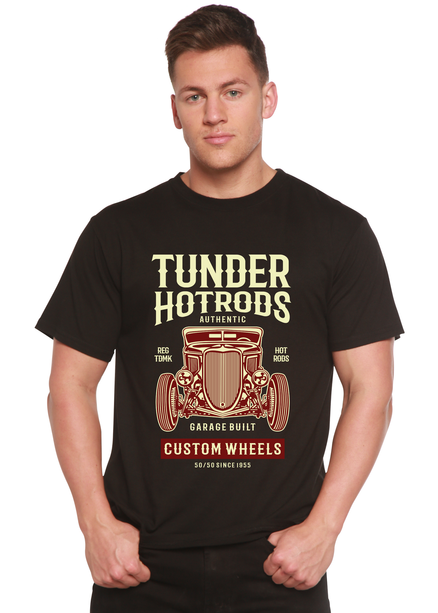 Thunder Hot Spun Bamboo Men's black short sleeve graphic tee with vintage hot rods, Spun Bamboo on Tampa Home & Garden Store