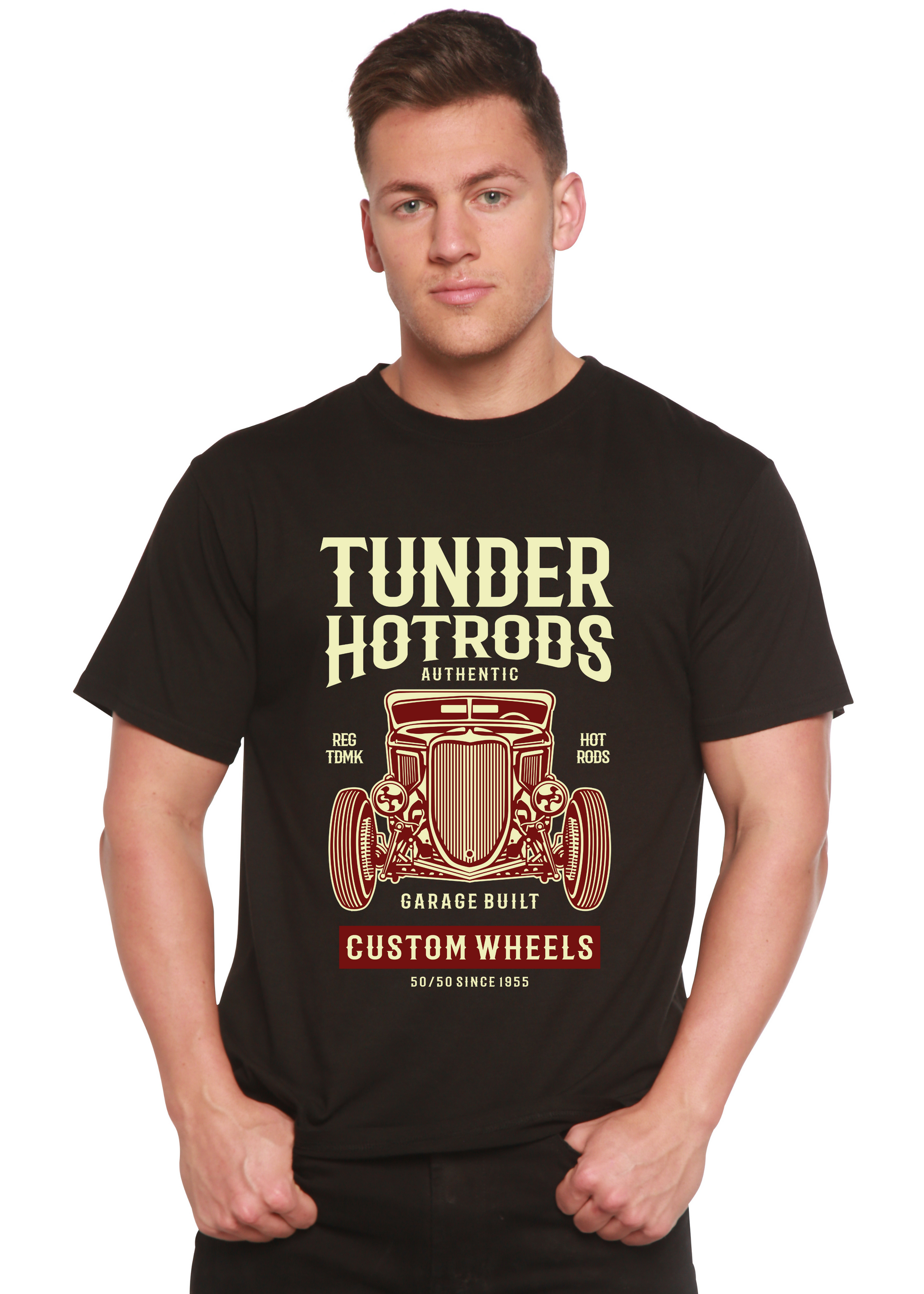 Thunder Hot Spun Bamboo Men's black short sleeve graphic tee with vintage hot rods, Spun Bamboo on Tampa Home & Garden Store