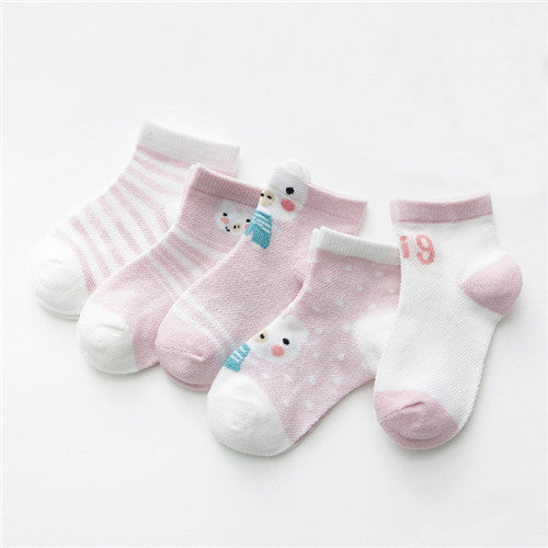 5 pairs baby socks breathable mesh cotton in pink and white with stripes and dots on Tampa Home & Garden Store
