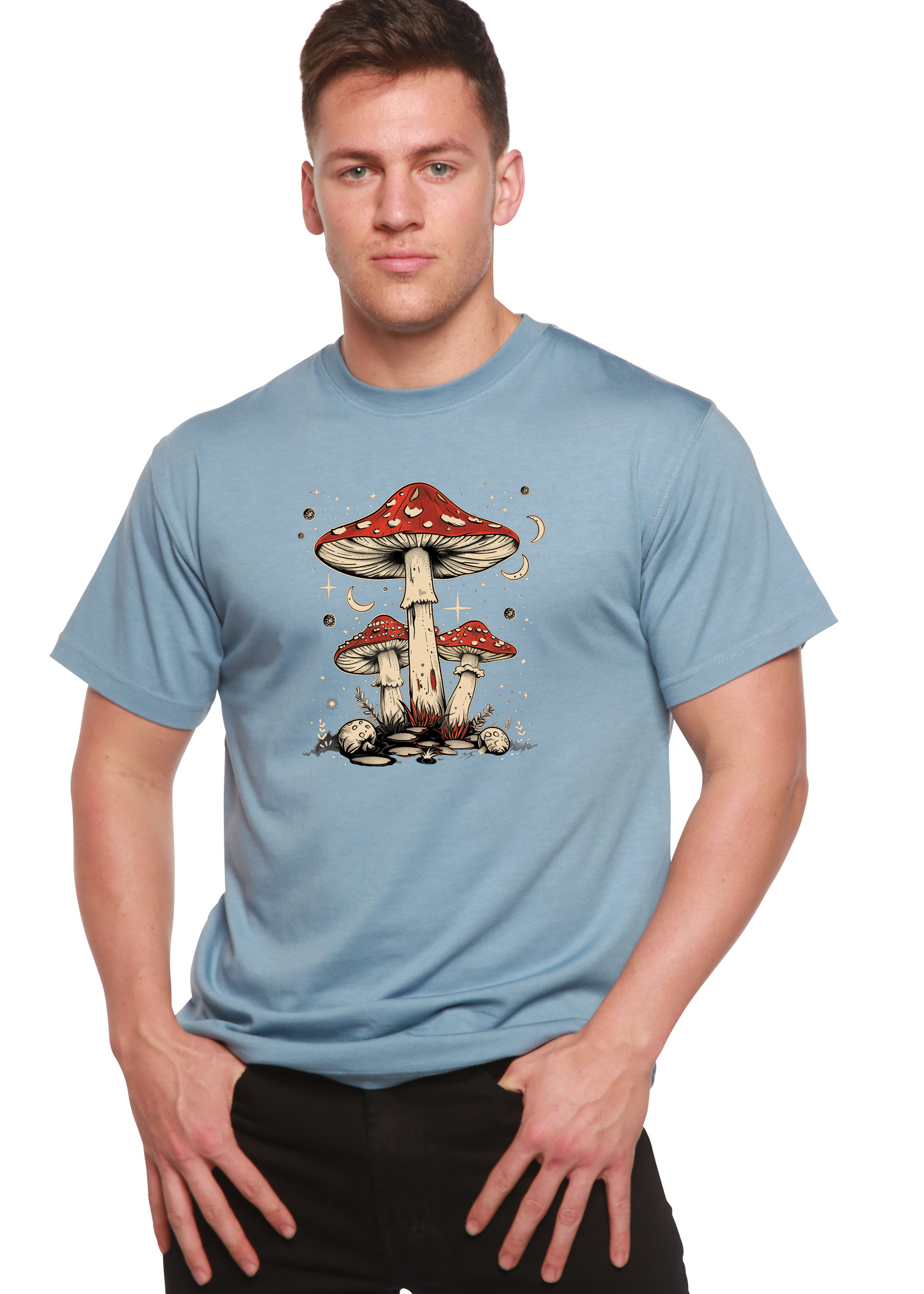 Mens printed T-shirt with boho mushroom graphic on light blue bamboo/cotton by Spun Bamboo on Tampa Home & Garden Store