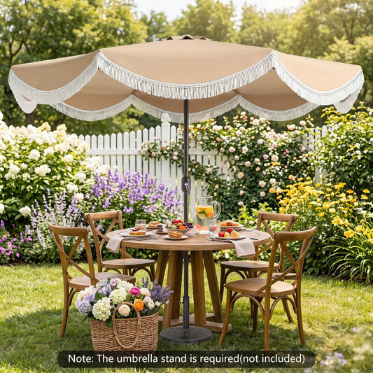DirectDeals 10 ft outdoor tassel umbrella beige canopy with white fringe push-button tilt on Tampa Home & Garden Store