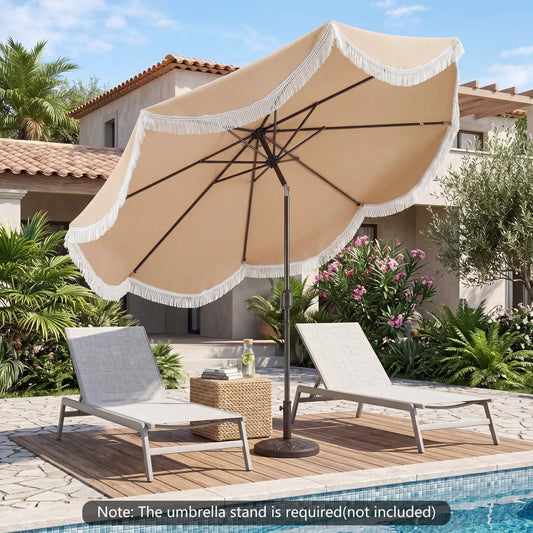 10 ft DirectDeals tassel outdoor patio umbrella tan fabric with fringe, push-button tilt on Tampa Home & Garden Store
