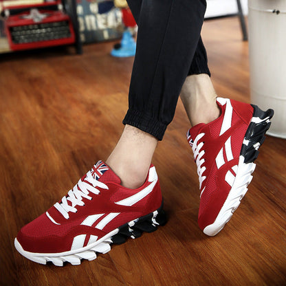 Mens red Stevvex athletic sneakers with white stripes, breathable mesh upper on Tampa Home & Garden Store