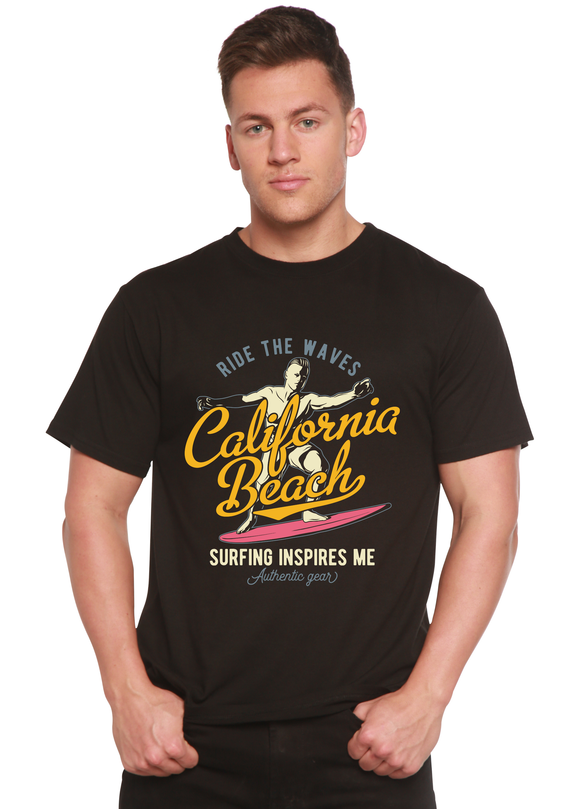 California Beach men's bamboo graphic tee in black with surfing design by Spun Bamboo on Tampa Home & Garden Store