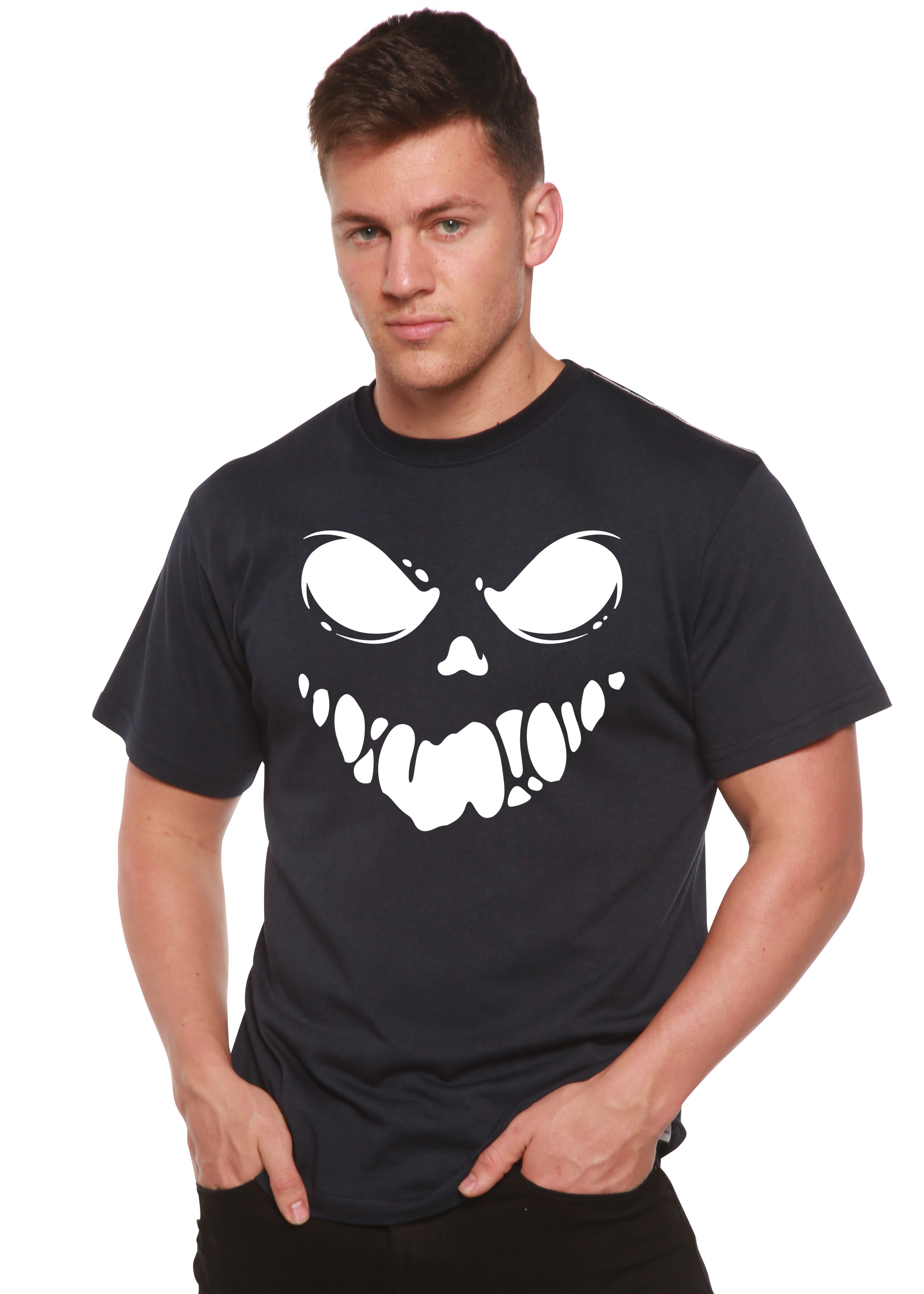 Men's black Spun Bamboo Halloween Boo graphic tee with bold white skull, short sleeves on Tampa Home & Garden Store
