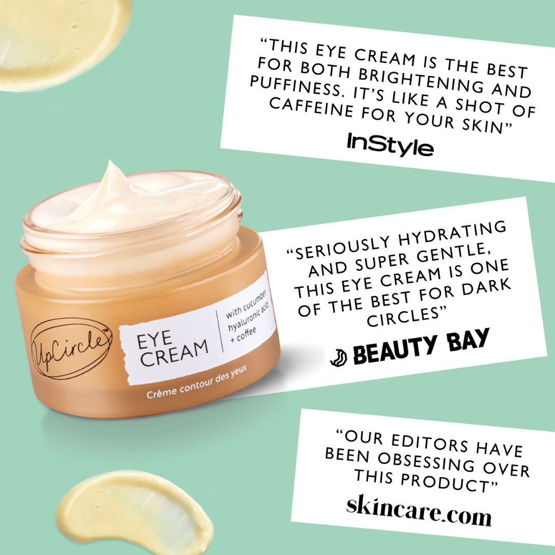 UpCircle The Caffeinated Duo eye cream cosmetic set in peach jar with cream, mint backdrop on Tampa Home & Garden Store