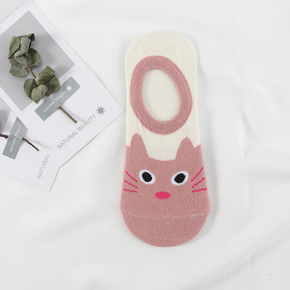 5 Pairs Cute Animal Spring Women Cotton Boat Socks Set Stevvex ankle socks pink cat design on Tampa Home & Garden Store