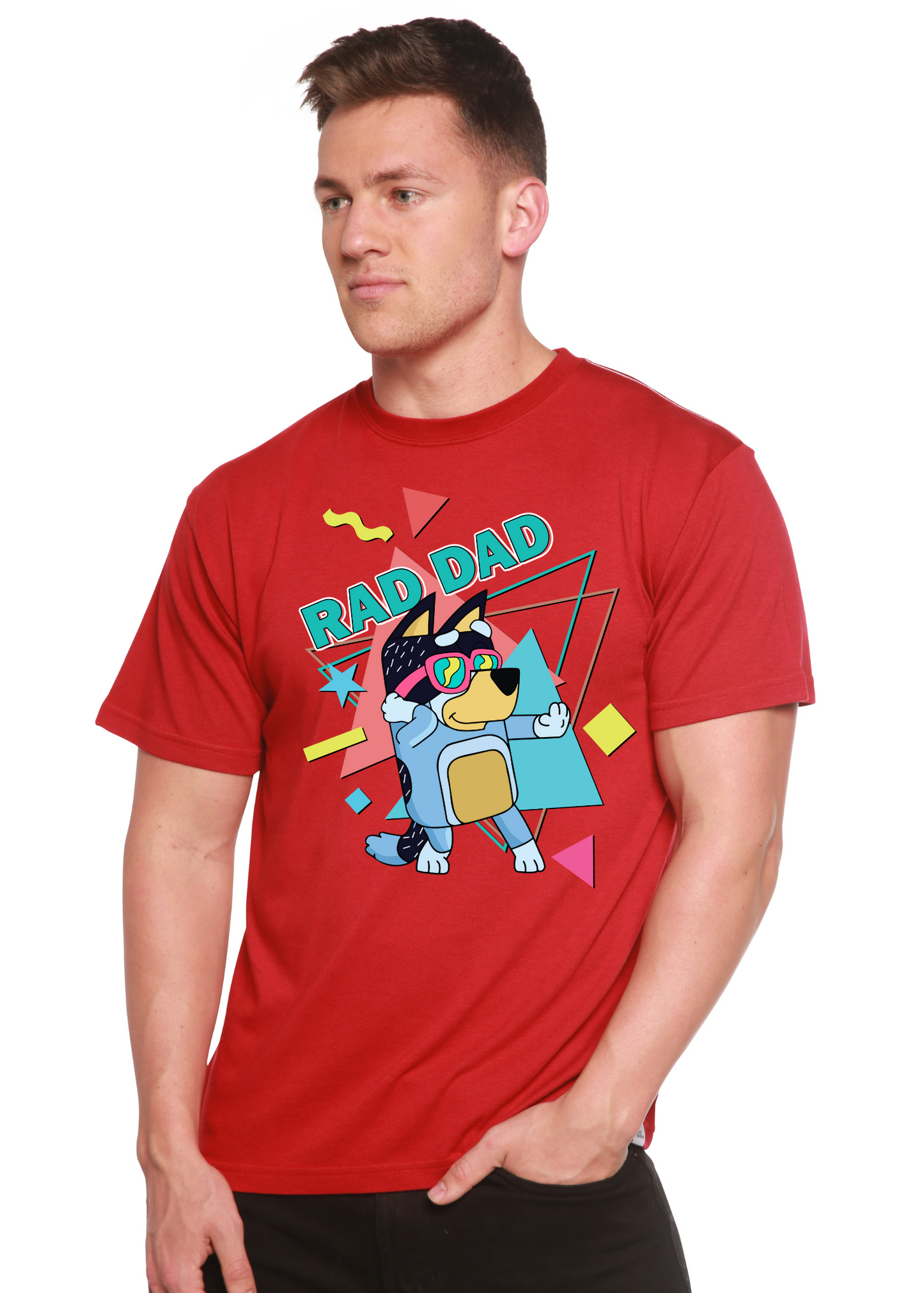 Rad Dad Bluey men's bamboo short sleeve graphic T-shirt red with cartoon dog print by Spun Bamboo on Tampa Home & Garden Store