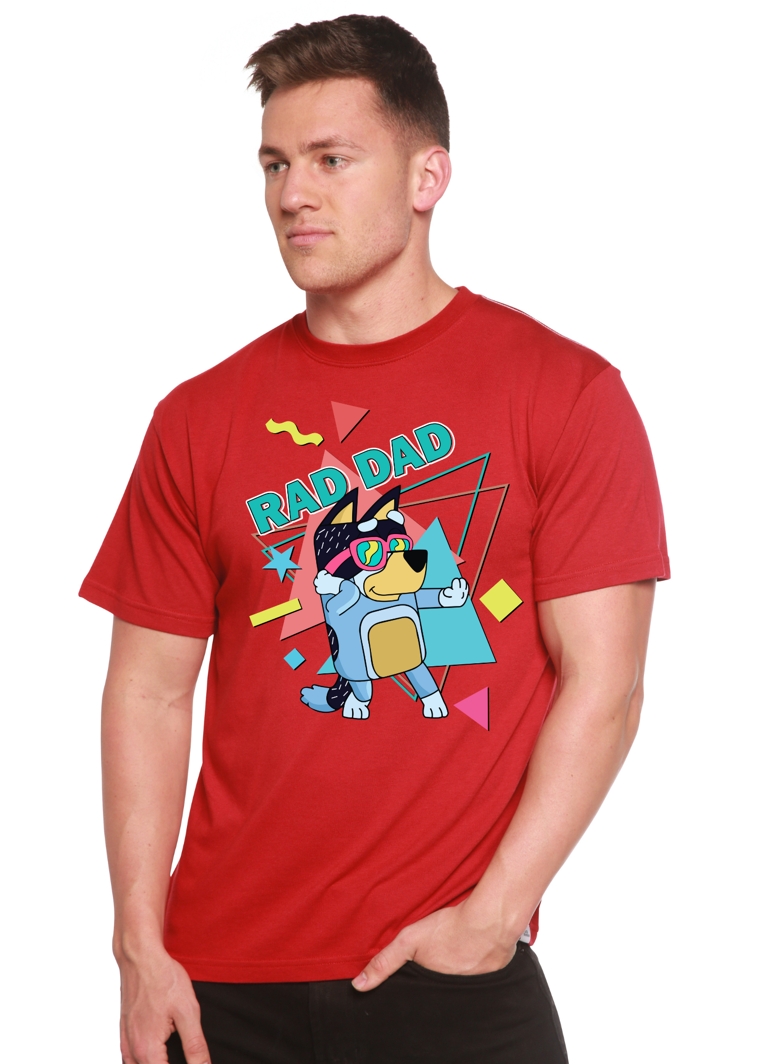 Rad Dad Bluey men's bamboo short sleeve graphic T-shirt red with cartoon dog print by Spun Bamboo on Tampa Home & Garden Store