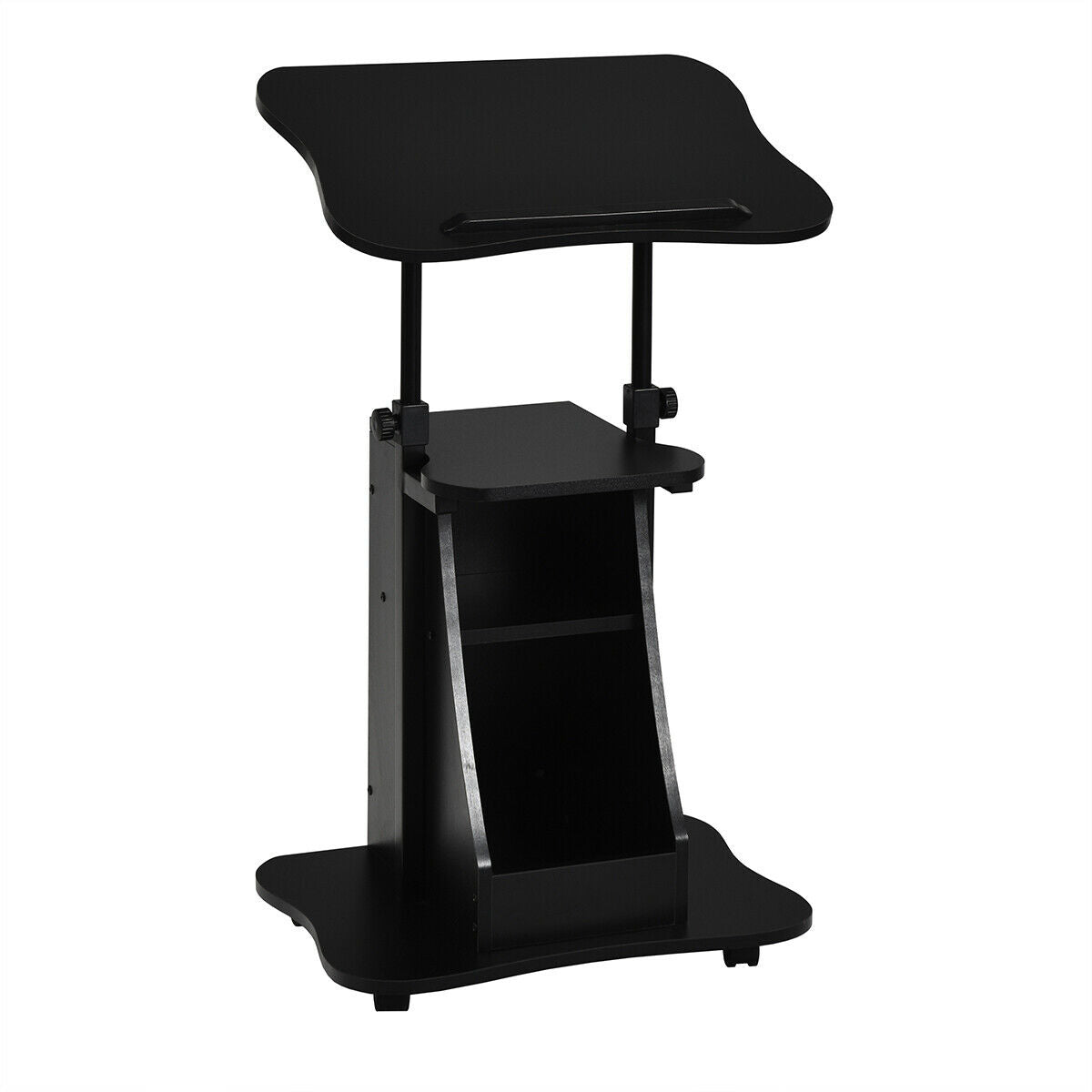 Carro de escritorio para computadora portátil de altura ajustable con almacenamiento, de asiento a pie - Negro