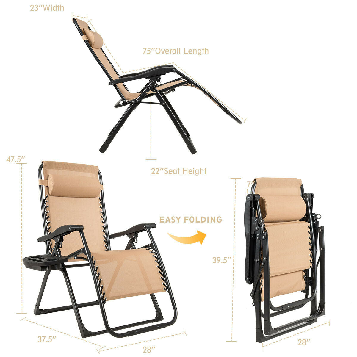 Sillón reclinable grande con portavasos de alta resistencia para exteriores - Azul