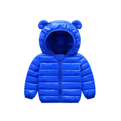 Stevvex blue baby puffer jacket with hood and bear ears, zip front on Tampa Home & Garden Store