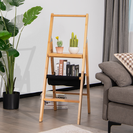 3 Step Foldable Bamboo Step Ladder Stool with Tool Storage Bag-Natural - Tampa Home & Garden Store