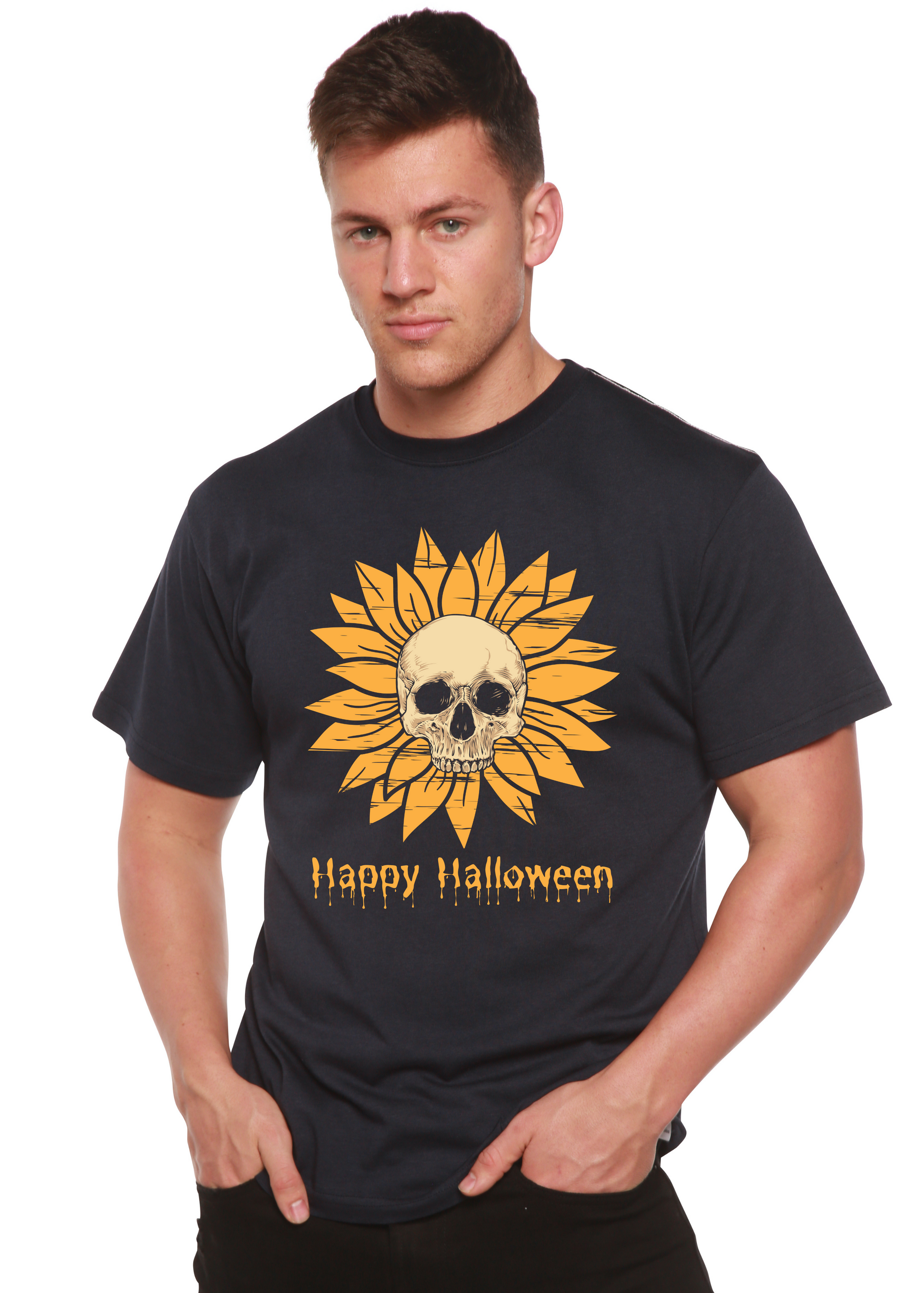 Men's black graphic tee with orange sunflower skull and Happy Halloween print bamboo viscose on Tampa Home & Garden Store