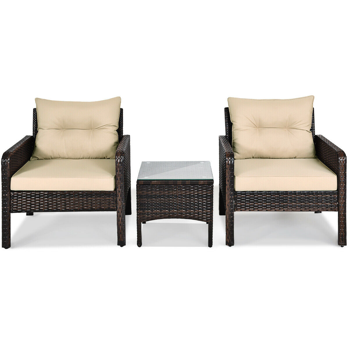 Juego de 3 piezas de conversación para patio exterior de ratán con cojines de asiento - Beige