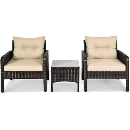 Juego de 3 piezas de conversación para patio exterior de ratán con cojines de asiento - Beige