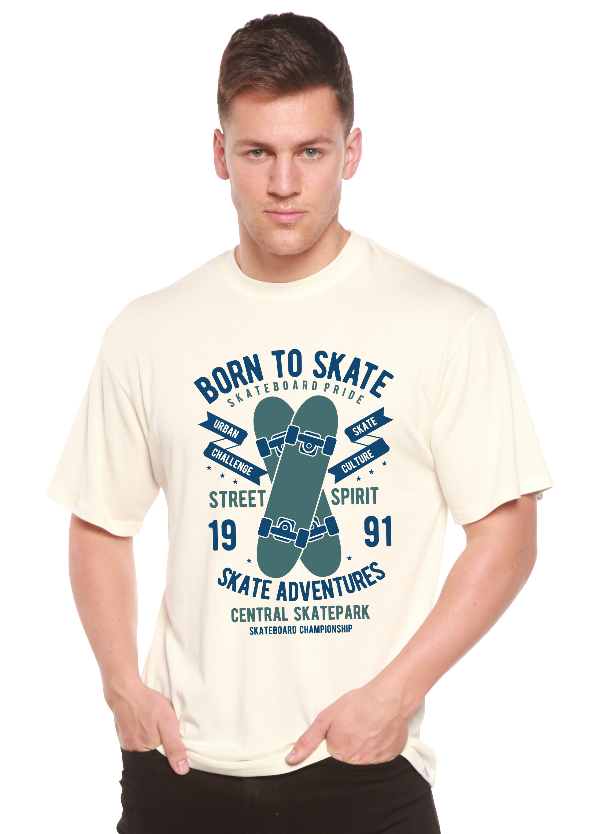 Born To Skate men's graphic T-shirt in cream by Spun Bamboo with skateboard motif on Tampa Home & Garden Store