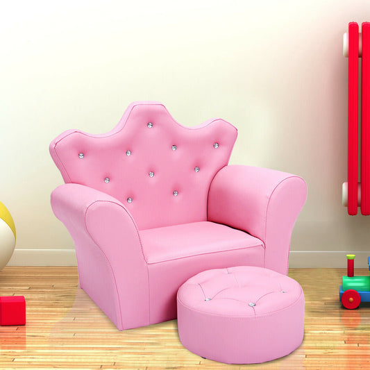 Children Upholstered Princess Sofa with Ottoman and Diamond Decoration for Boys and Girls - Tampa Home & Garden Store