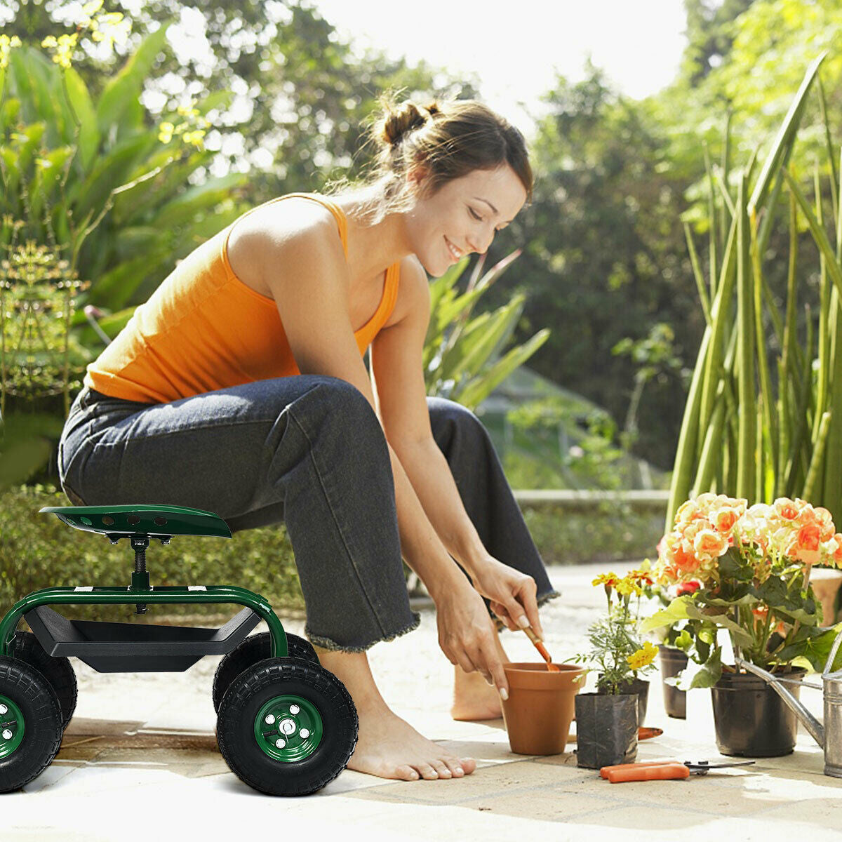 Carro de jardín de servicio pesado con bandeja de herramientas y asiento giratorio 360°-Verde