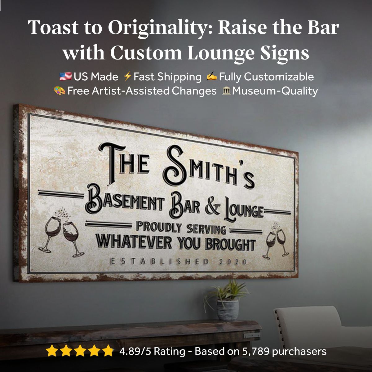 Basement Bar And Lounge Sign X canvas by Tailored Canvases, rustic sign with wine glasses on Tampa Home & Garden Store