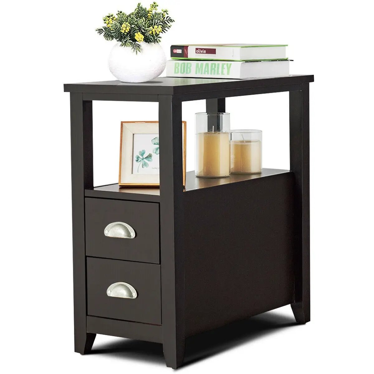 Set of 2 Wooden End Tables with Drawers and Shelf