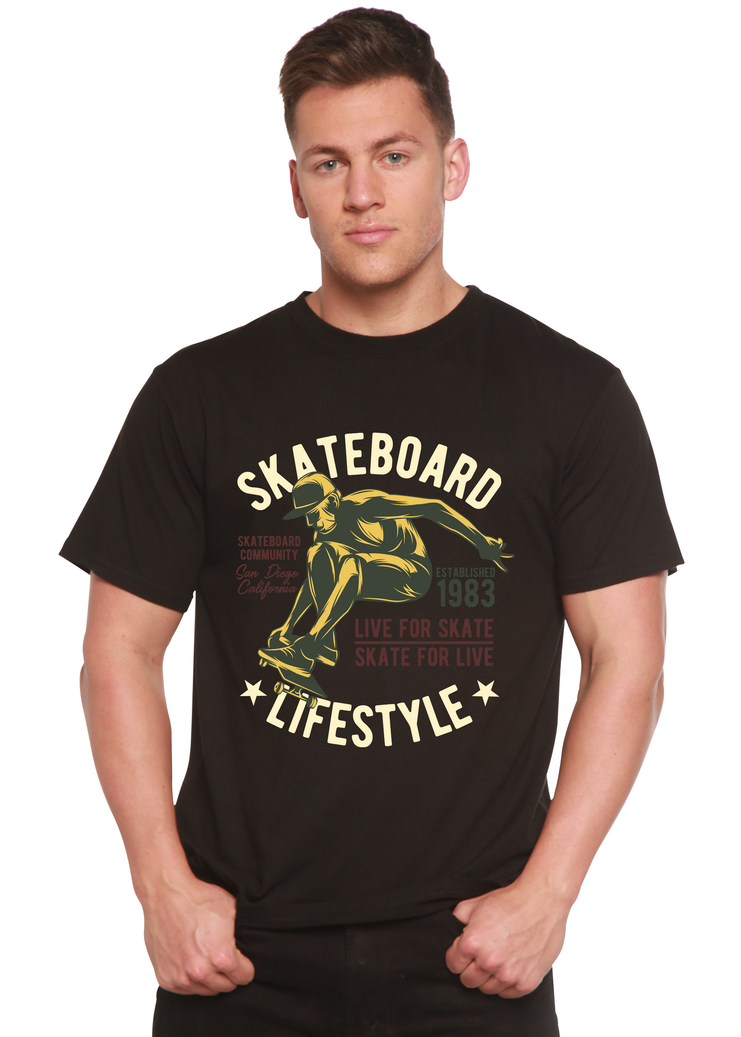Skateboard Lifestyle graphic T-shirt, black bamboo viscose/organic cotton, men's printed on Tampa Home & Garden Store