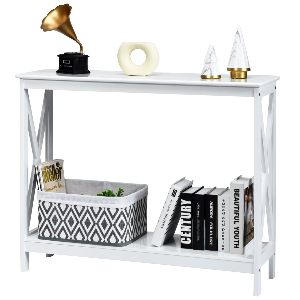 2-Tier Console X-Design Sofa Side Accent Table white finish with X-frame sides DirectDeals on Tampa Home & Garden Store