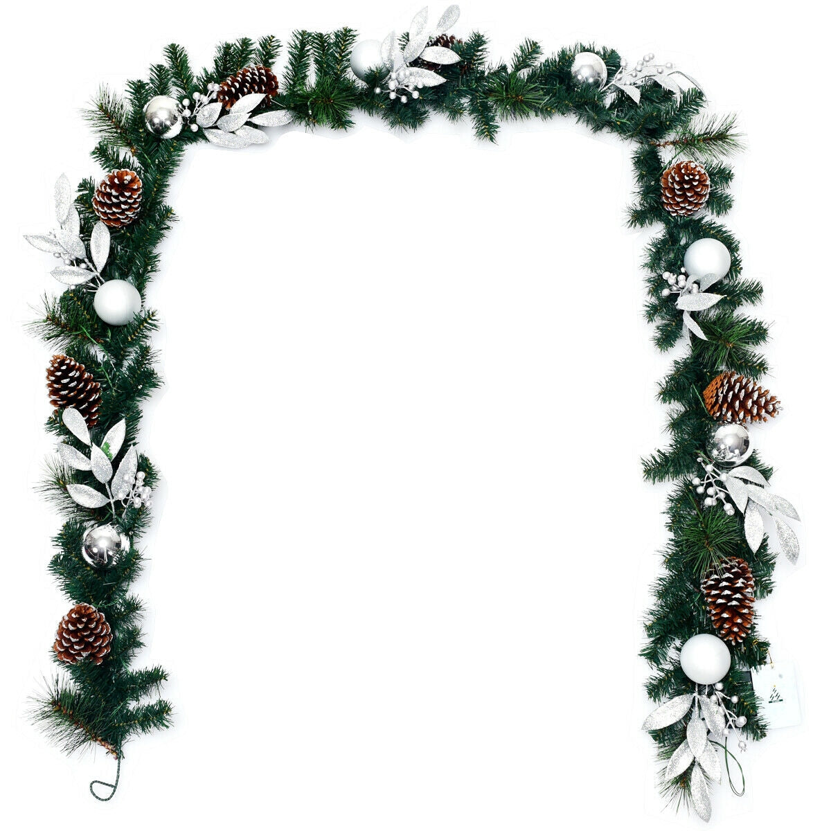 9 ft pre-lit Christmas garland with LED lights, green pine with pinecones and silver accents on Tampa Home & Garden Store