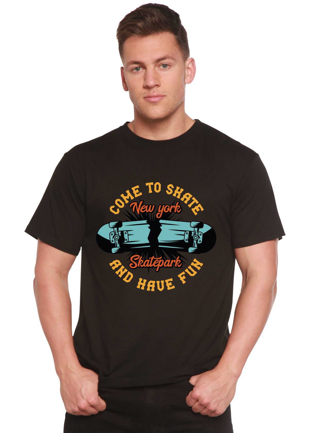 New York Skatepark Bamboo viscose cotton graphic tee black with teal skateboard Spun Bamboo on Tampa Home & Garden Store