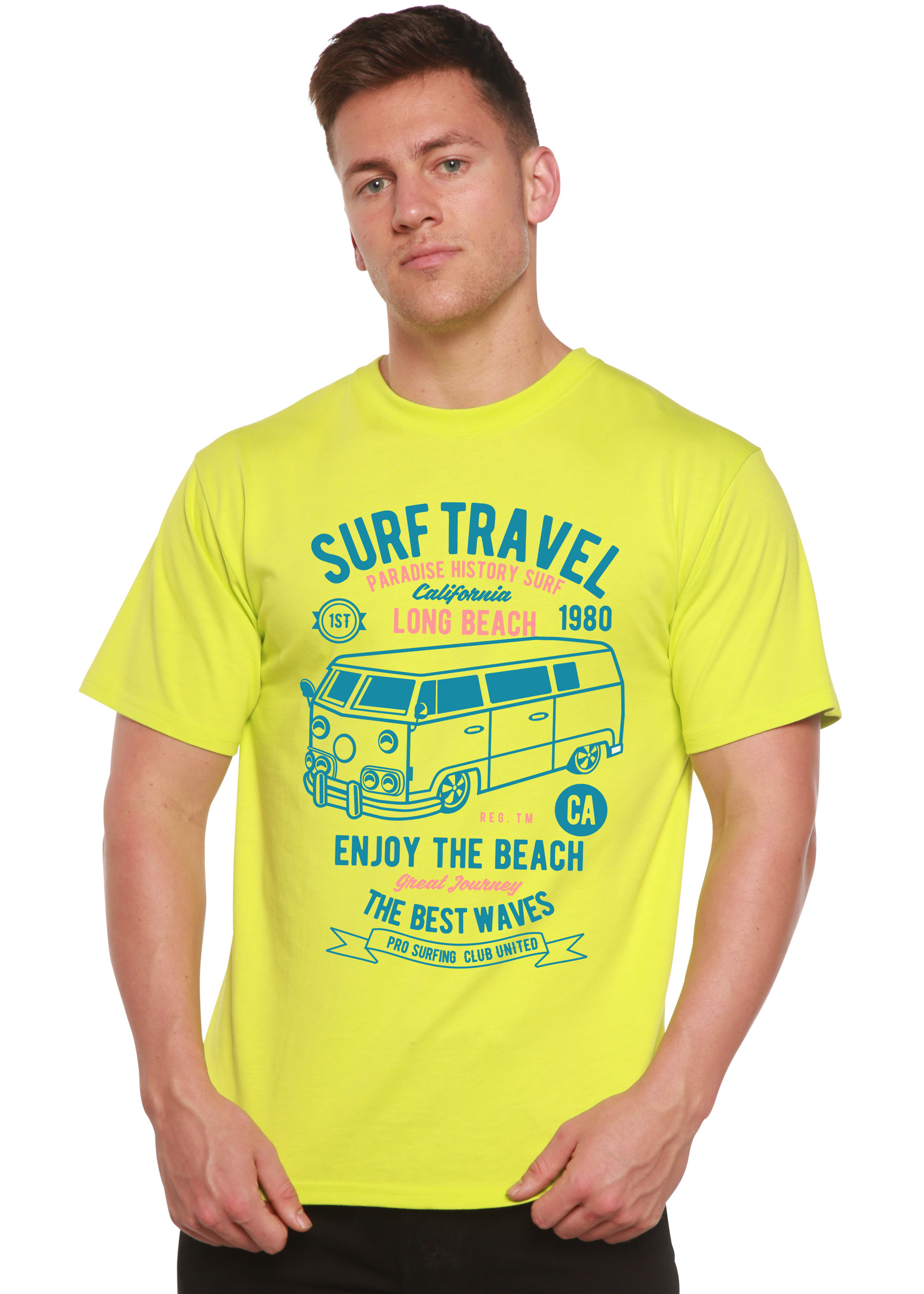 Surf Travel Spun Bamboo men's short sleeve graphic tee in neon yellow with teal print on Tampa Home & Garden Store