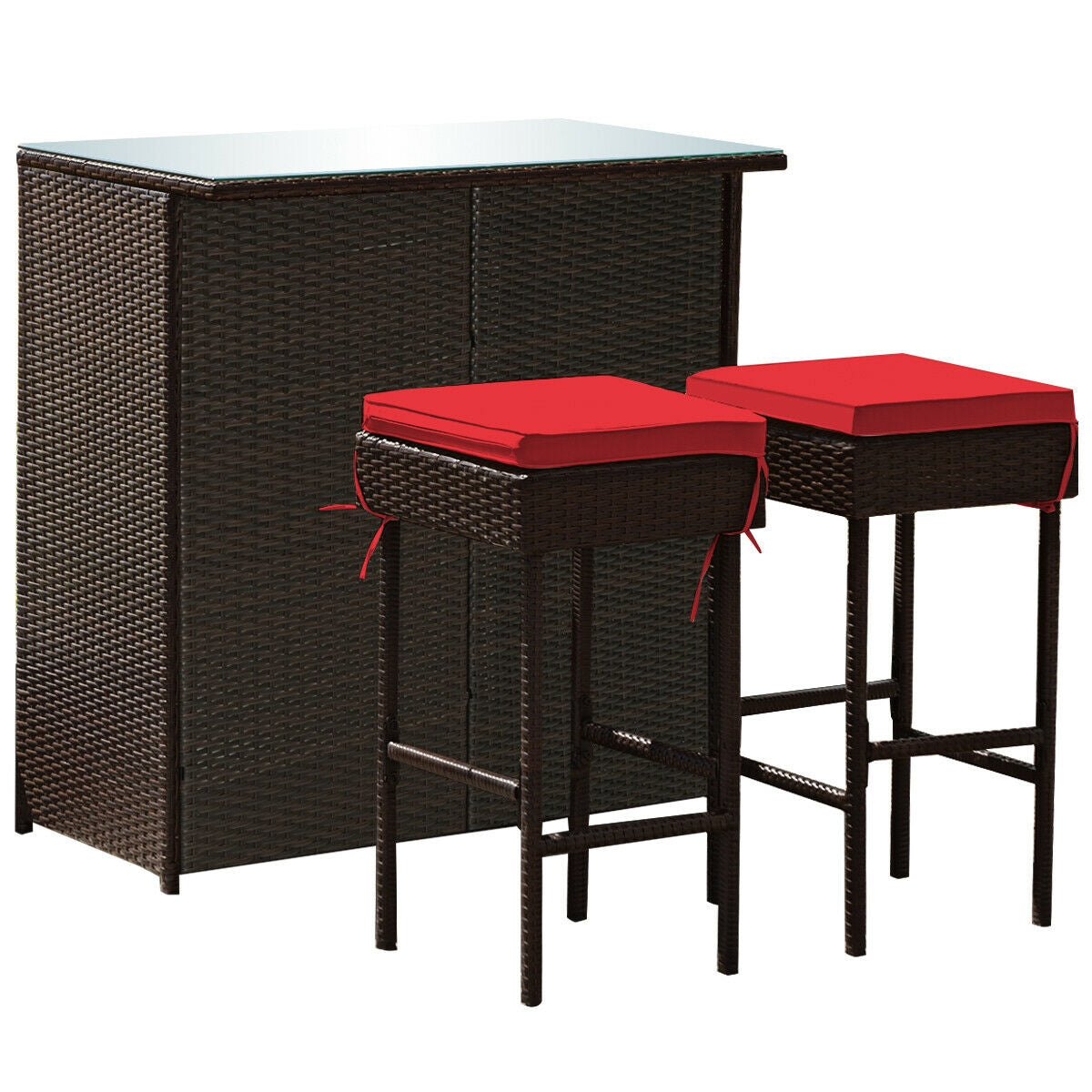 Juego de comedor de 3 piezas para patio de mimbre con mesa alta y taburetes - Rojo