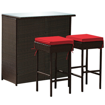 Juego de comedor de 3 piezas para patio de mimbre con mesa alta y taburetes - Rojo