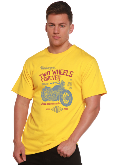 Men's yellow T-shirt with motorcycle print Two Wheels Forever by Spun Bamboo bamboo blend on Tampa Home & Garden Store