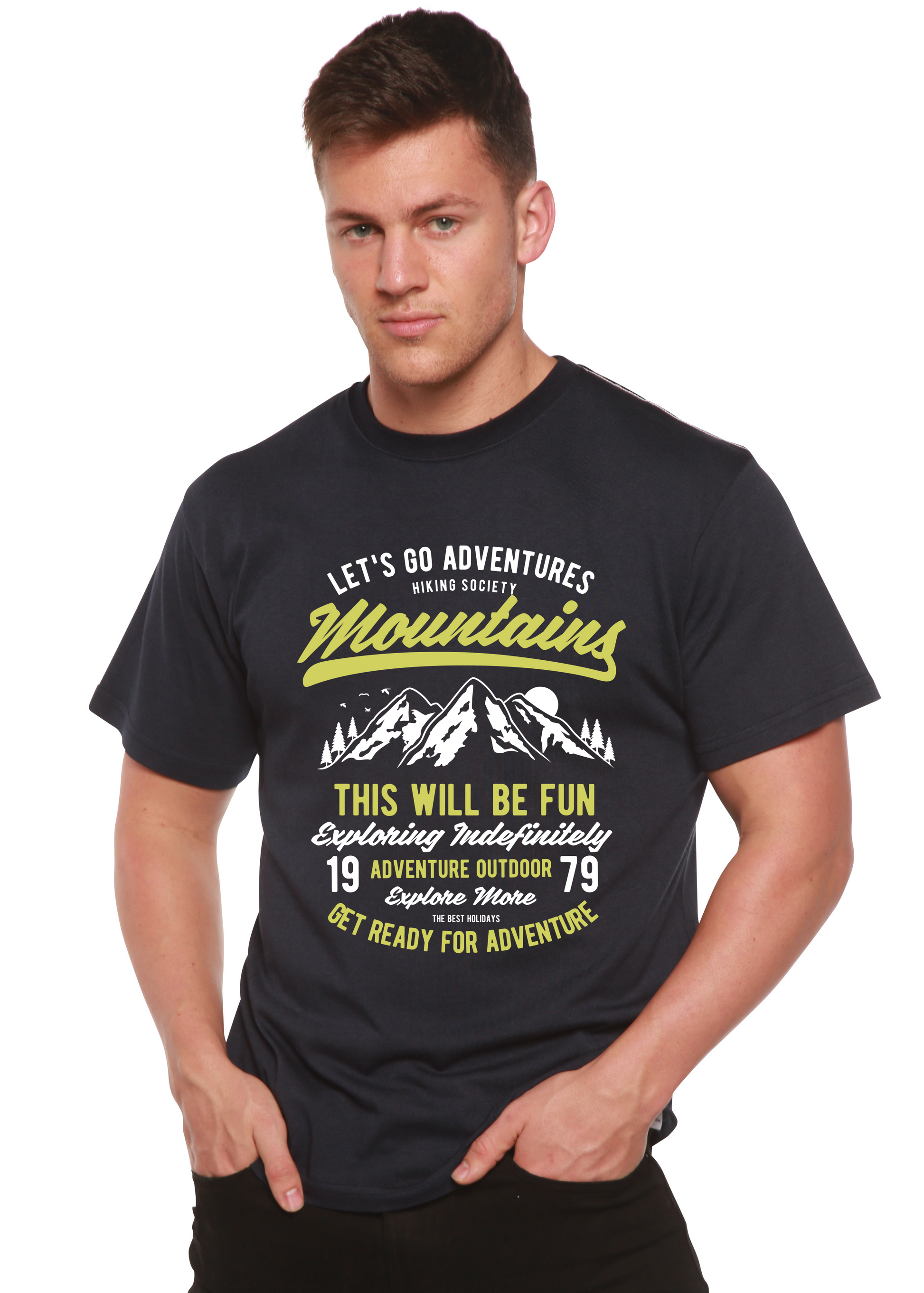 Spun Bamboo Let's Go Adventure men's bamboo viscose organic cotton graphic tee with mountain print on Tampa Home & Garden Store