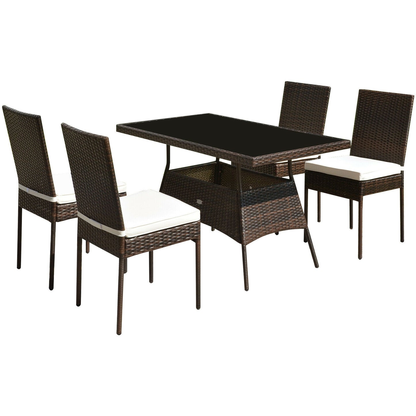 5 Pieces Outdoor Patio Rattan Dining Set with Glass Top with Cushions