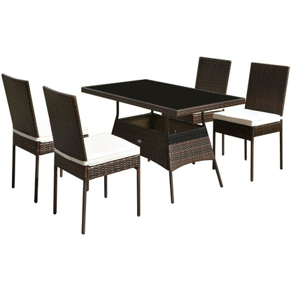 5 Pieces Outdoor Patio Rattan Dining Set with Glass Top with Cushions