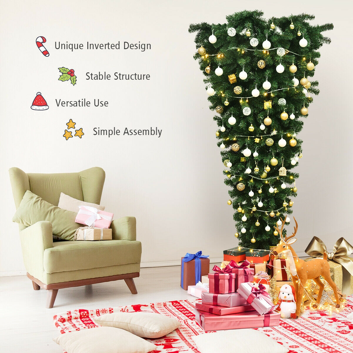 7 ft DirectDeals upside-down unlit artificial Christmas tree with white and gold ornaments on Tampa Home & Garden Store
