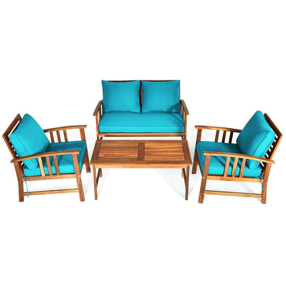 Juego de Muebles de Patio de Madera de 4 Piezas con Mesa, Sofá, Silla y Cojines para Jardín